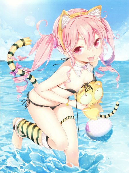 Anime picture 1122x1500 with tera online original comic toranoana kotora (toranoana) buriki single long hair tall image light erotic smile animal ears pink hair animal tail pink eyes girl swimsuit bikini sea