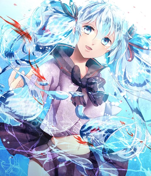 Anime picture 1402x1638 with vocaloid hatsune miku bottle miku outo single long hair tall image looking at viewer open mouth blue eyes twintails blue hair midriff underwater liquid hair girl skirt ribbon (ribbons) hair ribbon miniskirt