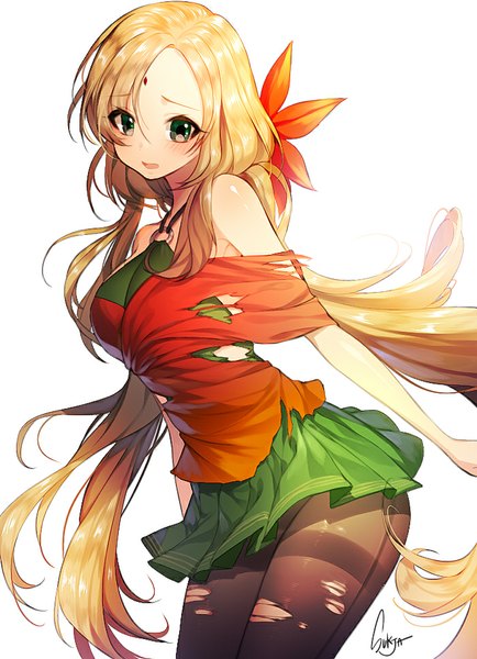 Anime picture 700x968 with original sorolp tall image blush fringe open mouth simple background blonde hair brown hair standing white background twintails bare shoulders green eyes signed bent knee (knees) very long hair torn clothes low twintails spread arms