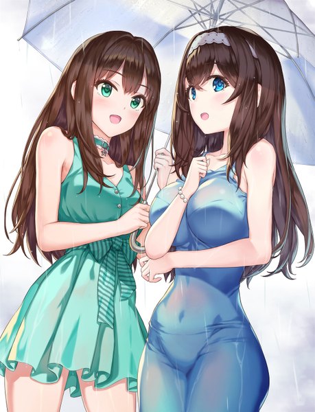 Anime picture 1147x1500 with idolmaster idolmaster cinderella girls shibuya rin sagisawa fumika hhama long hair tall image looking at viewer blush fringe breasts open mouth blue eyes light erotic smile hair between eyes brown hair large breasts standing multiple girls