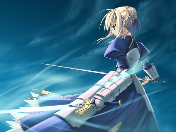 Anime picture 1280x960 with fate (series) fate/stay night studio deen type-moon artoria pendragon (all) saber blue background sword