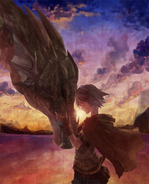 Anime picture 900x1108 with original aka tonbo (lovetow) tall image short hair smile sky cloud (clouds) eyes closed profile wind grey hair sunlight evening sunset mountain sunbeam girl skirt gloves cloak