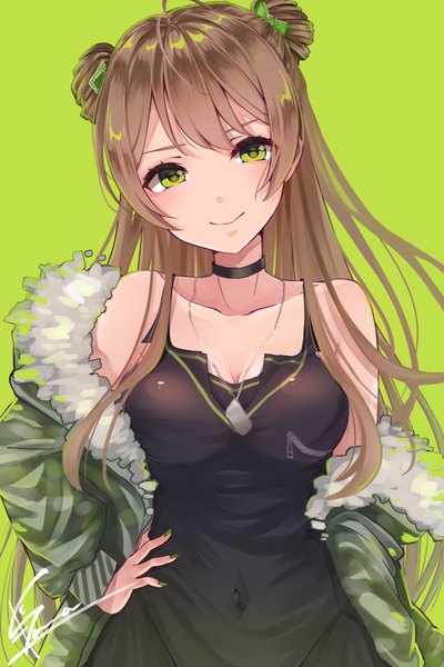 Anime picture 667x1000 with girls frontline rfb (girls frontline) kodama (koda mat) single long hair tall image looking at viewer blush fringe breasts simple background smile brown hair standing bare shoulders green eyes signed cleavage nail polish head tilt