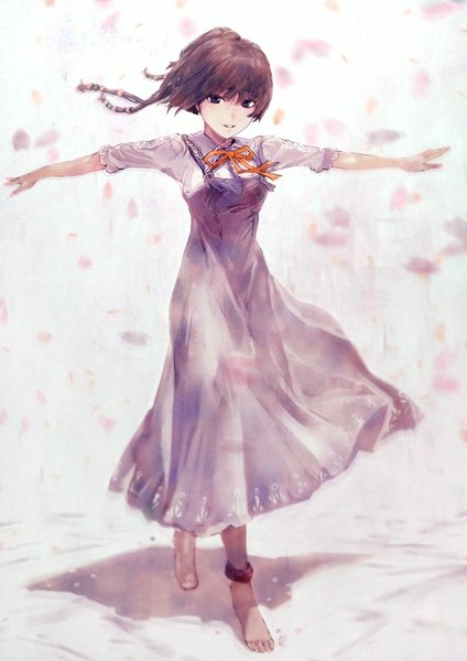 Anime picture 723x1023 with original nimirom single tall image fringe short hair smile brown hair barefoot black eyes shadow spread arms girl dress ribbon (ribbons) petals sundress blouse