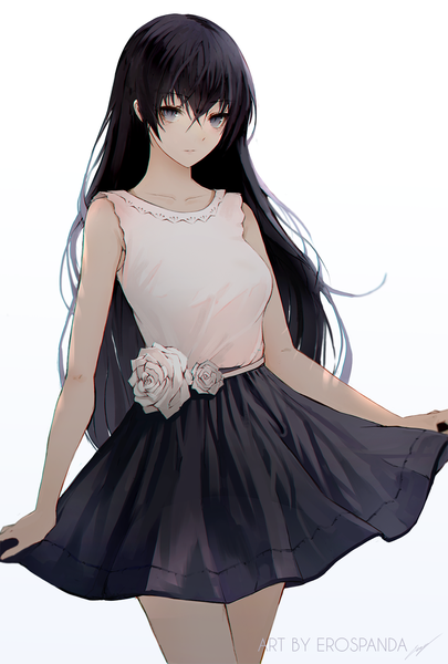 Anime picture 999x1478 with original erospanda single long hair tall image looking at viewer fringe breasts simple background hair between eyes standing white background signed sleeveless thighs silver eyes skirt hold girl skirt flower (flowers)