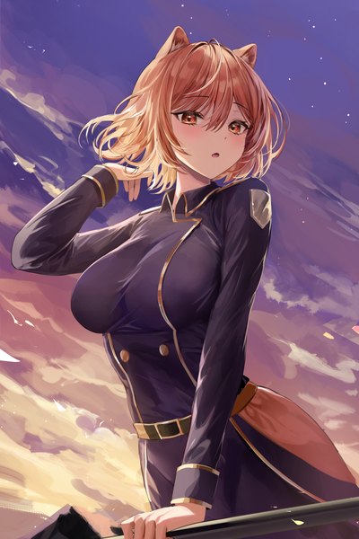 Anime picture 4000x6000 with original lillly single tall image looking at viewer fringe highres open mouth light erotic hair between eyes brown hair standing brown eyes animal ears absurdres sky cloud (clouds) outdoors long sleeves arm up
