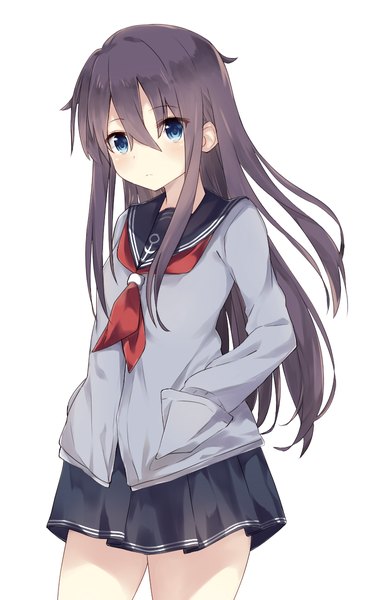 Anime picture 750x1200 with kantai collection akatsuki destroyer seki (l0410706268) single long hair tall image looking at viewer blush fringe blue eyes black hair simple background hair between eyes white background long sleeves pleated skirt hands in pockets girl skirt uniform