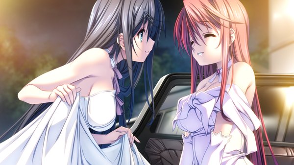 Anime picture 1280x720 with koisuru otome to shugo no tate yamada taeko masaki riri long hair blue eyes black hair smile wide image bare shoulders game cg red hair eyes closed girl dress boy white dress