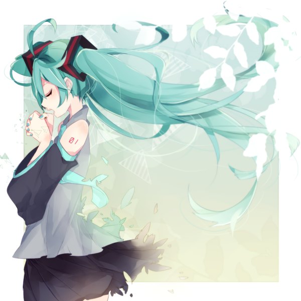 Anime picture 1000x1000 with vocaloid hatsune miku motsuni (lxxe1120) single open mouth twintails eyes closed very long hair nail polish aqua hair tattoo skirt lift hands clasped girl skirt hair ornament detached sleeves shirt necktie leaf (leaves)