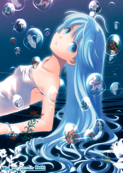 Anime picture 2495x3500 with original nacht single long hair tall image looking at viewer highres blue eyes bare shoulders blue hair underwater girl flower (flowers) feather (feathers) sundress bubble (bubbles)