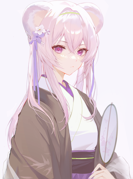 Anime picture 987x1329 with arknights lin yuhsia (arknights) kernel killer single long hair tall image fringe simple background hair between eyes purple eyes animal ears pink hair upper body traditional clothes japanese clothes mouse ears mouse girl girl kimono fan
