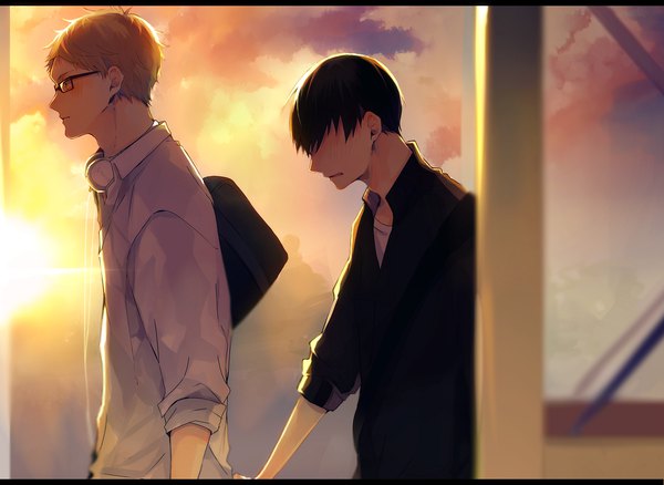 Anime picture 1141x834 with haikyuu!! production i.g kageyama tobio tsukishima kei hanamori blush short hair black hair blonde hair sky profile multiple boys embarrassed evening sunset shounen ai surprised headphones around neck hair over eyes boy