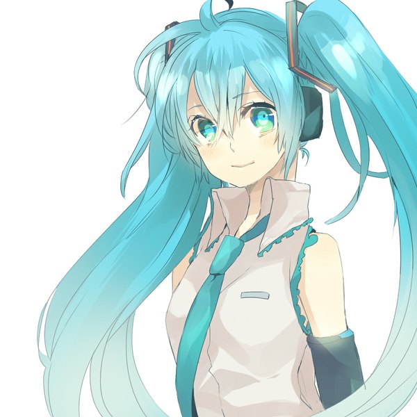 Anime picture 1024x1024 with vocaloid hatsune miku kyama single long hair simple background white background twintails aqua eyes aqua hair girl detached sleeves necktie headphones