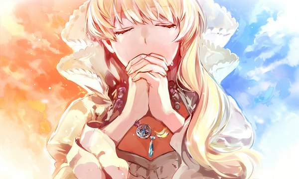 Anime picture 1000x600 with aldnoah.zero a-1 pictures asseylum vers allusia ichinose777 single long hair fringe blonde hair wide image sky cloud (clouds) upper body eyes closed puffy sleeves tears crying hands clasped interlocked fingers asymmetrical hair popped collar