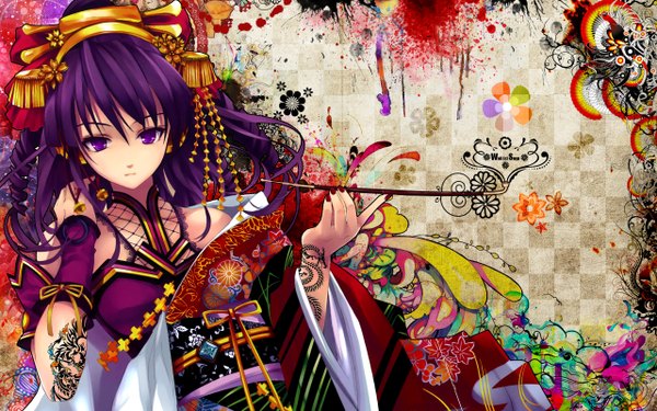 Anime-Bild 2560x1600 mit beatmania hifumi misaki kurehito snyp (r0pyns) single long hair looking at viewer highres wide image sitting purple eyes purple hair japanese clothes tattoo chinese clothes smoking checkered background girl dress hair ornament