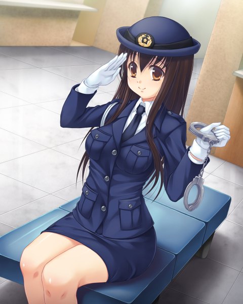 Anime picture 1120x1400 with original aocchi single long hair tall image looking at viewer black hair smile sitting brown eyes police girl gloves uniform white gloves handcuffs police uniform