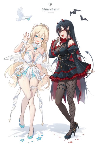 Anime-Bild 2000x2916 mit original ttosom long hair tall image looking at viewer fringe highres breasts open mouth blue eyes light erotic black hair simple background blonde hair smile red eyes large breasts standing white background bare shoulders