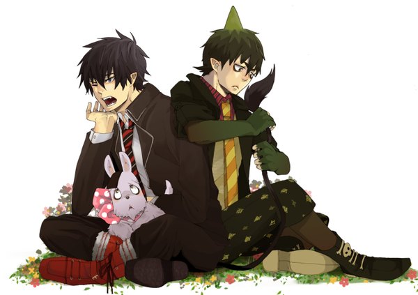 Anime picture 1400x988 with ao no exorcist a-1 pictures okumura rin mephisto pheles amaimon short hair open mouth black hair sitting green eyes tail green hair pointy ears back to back skull and crossbones boy bow animal necktie