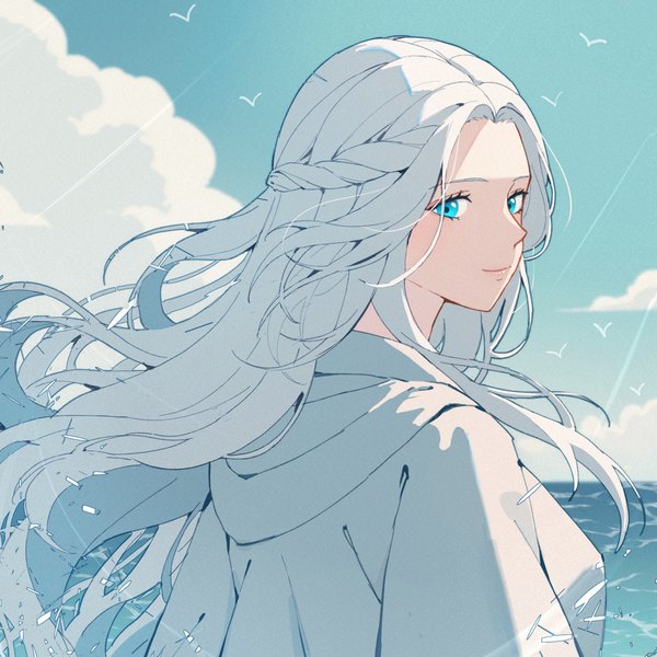 Anime picture 1200x1200 with final fantasy final fantasy xiv square enix venat (ff14) lyra-kotto single long hair looking at viewer blue eyes sky silver hair cloud (clouds) upper body outdoors looking back light smile half updo girl sea