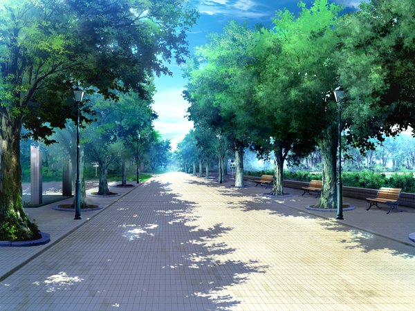Anime picture 1600x1200 with gurenka nekonyan sky cloud (clouds) realistic shadow no people plant (plants) tree (trees) leaf (leaves) lantern bench road