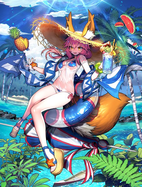 Anime picture 800x1050 with fate (series) fate/grand order tamamo (fate) (all) tamamo no mae (swimsuit lancer) (fate) mandrill single long hair tall image looking at viewer blush fringe breasts open mouth light erotic hair between eyes large breasts twintails animal ears payot pink hair