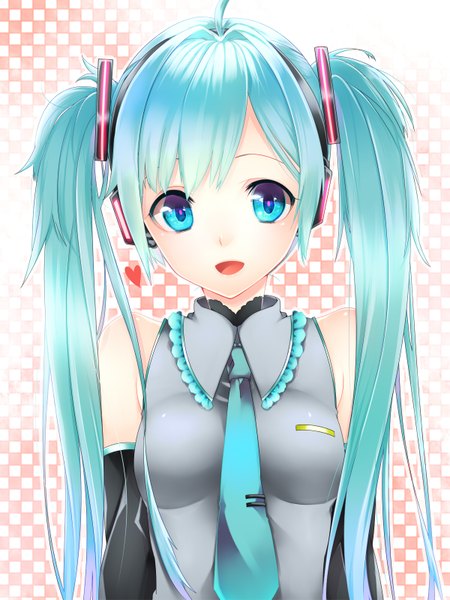 Anime picture 1200x1599 with vocaloid hatsune miku yutazou single tall image looking at viewer open mouth twintails very long hair aqua eyes aqua hair girl detached sleeves necktie headphones