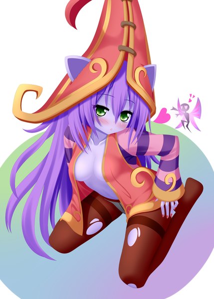 Anime picture 1072x1500 with league of legends lulu (league of legends) yoye (pastel white) single long hair tall image looking at viewer blush light erotic green eyes animal ears purple hair open clothes open shirt torn pantyhose fairy girl hat pantyhose
