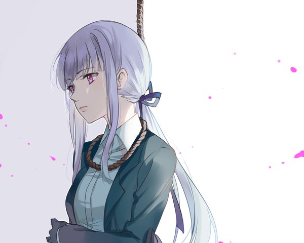 Anime picture 1181x945 with dangan ronpa danganronpa 3 kirigiri kyouko ekita xuan single long hair fringe simple background payot looking away purple hair upper body blunt bangs pink eyes low ponytail crossed arms girl gloves black gloves noose