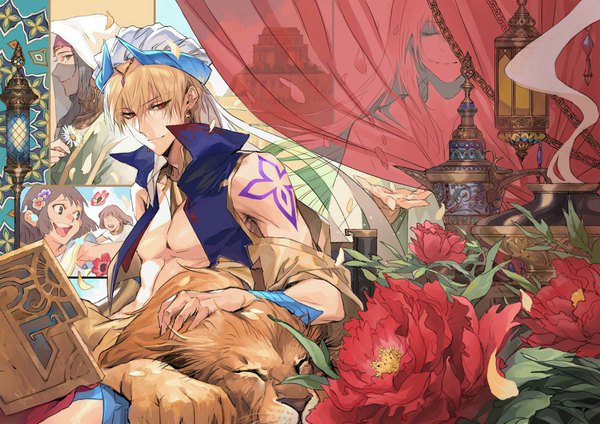 Anime picture 4093x2894 with fate (series) fate/grand order fate/strange fake gilgamesh (fate) enkidu (fate) gilgamesh (caster) (fate) siduri (fate/grand order) seomouse long hair looking at viewer fringe highres short hair blonde hair hair between eyes red eyes absurdres traditional clothes profile green hair