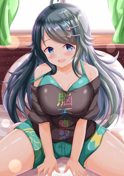 Anime picture 849x1200 with ongeki inohara koboshi zenon (for achieve) single long hair tall image looking at viewer breasts open mouth blue eyes light erotic black hair large breasts sitting ahoge indoors :d lens flare wariza girl
