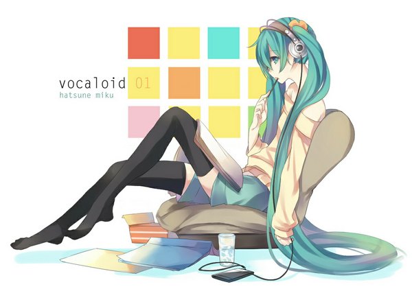 Anime picture 1024x724 with vocaloid ipod hatsune miku porifonika single long hair sitting twintails aqua eyes aqua hair no shoes eating girl thighhighs black thighhighs water shorts sweets headphones sweater