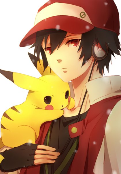 Anime-Bild 1000x1429 mit pokemon nintendo pikachu red (pokemon) single tall image blush fringe short hair black hair red eyes white background animal ears snowing gen 1 pokemon boy gloves jacket headphones t-shirt