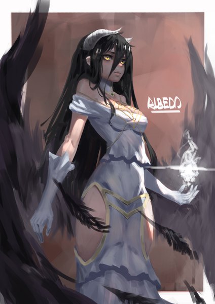 Anime picture 2480x3508 with overlord (maruyama) madhouse albedo (overlord) krin single long hair tall image highres black hair yellow eyes looking away horn (horns) low wings girl dress gloves wings white gloves