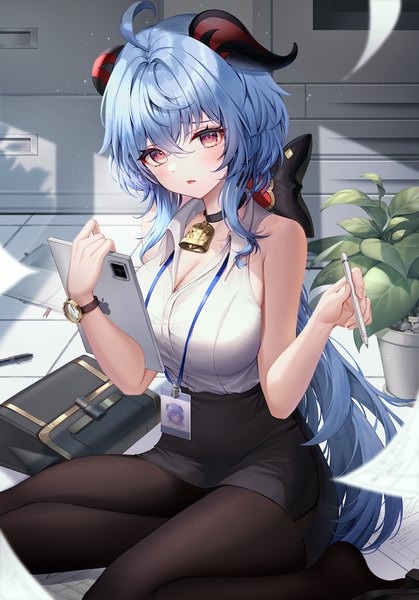 Anime picture 1500x2148 with genshin impact ganyu (genshin impact) mellozzo single long hair tall image looking at viewer blush fringe open mouth hair between eyes red eyes sitting bare shoulders holding blue hair ahoge indoors horn (horns) alternate costume