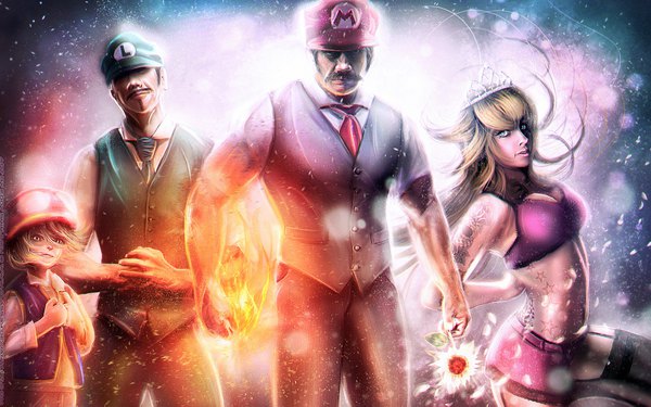 Anime picture 2166x1355 with super mario bros. princess peach mario luigi toad eddy-shinjuku long hair looking at viewer highres blonde hair green eyes signed cleavage multiple boys tattoo lipstick muscle leg lift (legs lift) arm behind back pink lipstick