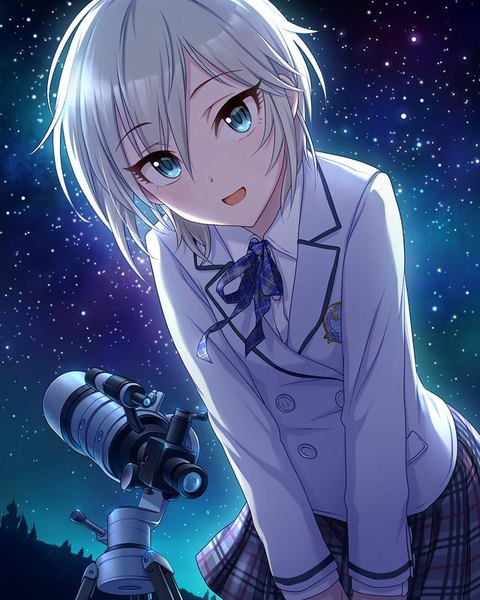 Anime picture 640x800 with idolmaster idolmaster cinderella girls anastasia (idolmaster) single tall image looking at viewer blush fringe short hair open mouth blue eyes silver hair upper body ahoge :d night official art leaning leaning forward night sky