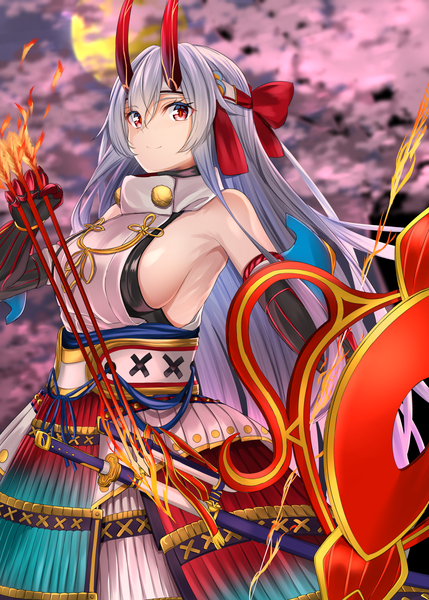 Anime picture 2591x3624 with fate (series) fate/grand order tomoe gozen (fate) takenoko 27074918 single long hair tall image looking at viewer highres breasts light erotic red eyes large breasts bare shoulders holding silver hair traditional clothes japanese clothes horn (horns) light smile