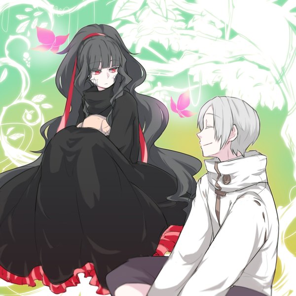 Anime picture 1600x1600 with kagerou project shaft (studio) azami (kagerou project) tsukihiko (kagerou project) chiyozaka fringe short hair black hair smile red eyes sitting looking away ponytail blunt bangs eyes closed very long hair profile grey hair husband and wife girl