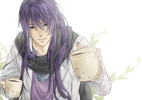 Anime picture 1280x905 with vocaloid kamui gakupo single long hair looking at viewer fringe blue eyes simple background smile white background purple hair boy scarf cup coffee