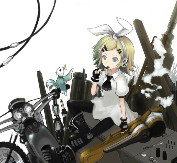 Anime picture 1500x1382 with vocaloid kagamine rin ryuuri susuki (artist) single short hair blue eyes blonde hair girl dress gloves bow boots headphones fingerless gloves wire (wires) motorcycle duck