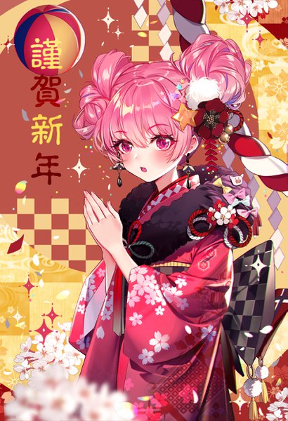 Anime picture 1693x2475 with original baocaizi single long hair tall image looking at viewer blush open mouth pink hair traditional clothes japanese clothes pink eyes hair bun (hair buns) cherry blossoms new year nengajou praying girl hair ornament earrings