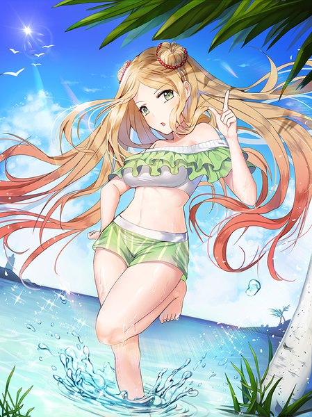 Anime picture 700x935 with original roang single long hair tall image looking at viewer blush breasts open mouth blonde hair standing bare shoulders green eyes sky cloud (clouds) outdoors arm up sunlight off shoulder :o