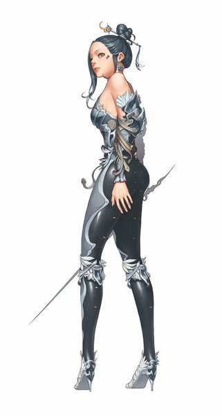 Anime picture 600x1120 with original syar single long hair tall image simple background white background bare shoulders brown eyes blue hair looking back hair bun (hair buns) tattoo high heels facial mark girl hair ornament flower (flowers) weapon detached sleeves