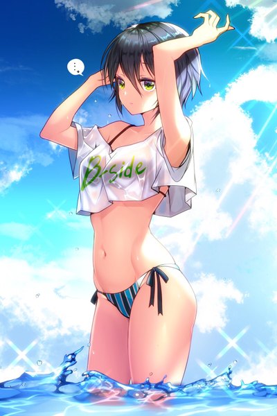 Anime picture 1200x1800 with original kusunoki suzu nasubi (w.c.s) single tall image blush fringe short hair light erotic black hair hair between eyes standing green eyes looking away sky cloud (clouds) outdoors arms up partially submerged arm behind head