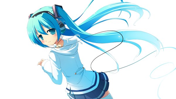 Anime picture 1830x1029 with vocaloid hatsune miku masaki (machisora) single blush highres simple background smile wide image white background twintails very long hair looking back aqua eyes aqua hair girl skirt hair ornament miniskirt headphones