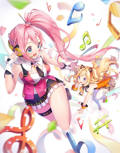 Anime picture 1000x1273 with vocaloid seeu uni (vocaloid) ika (4801055) tall image open mouth blue eyes blonde hair multiple girls animal ears looking away pink hair very long hair :d side ponytail fake animal ears hand to mouth treble clef girl thighhighs
