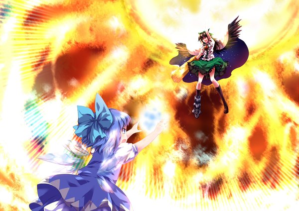 Anime picture 4669x3307 with touhou cirno reiuji utsuho sinchi (artist) long hair highres short hair open mouth blue eyes black hair multiple girls blue hair absurdres loli outstretched arm flying arm cannon girl 2 girls wings