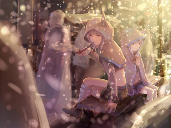 Anime picture 1500x1125 with original pixiv fantasia pixiv fantasia fallen kings sishenfan long hair looking at viewer smile red eyes sitting multiple girls holding looking away light smile lips crossed legs smoke glow smoking girl skirt