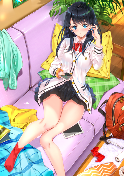 Anime picture 1102x1560 with gridman universe ssss.gridman studio trigger takarada rikka swordsouls single long hair tall image looking at viewer blush fringe blue eyes light erotic black hair holding indoors pleated skirt from above pantyshot thigh gap