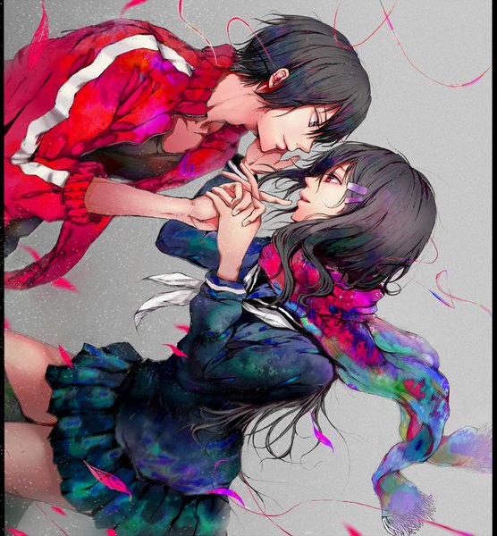 Anime picture 1100x1187 with kagerou project shaft (studio) tateyama ayano kisaragi shintarou hisahisahisahisa long hair tall image short hair open mouth black hair simple background smile red eyes purple eyes pleated skirt grey background open clothes open jacket holding hands pillarboxed